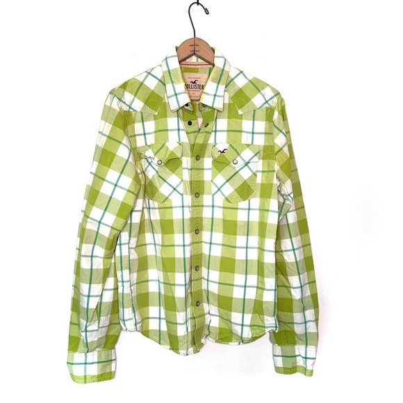Hollister Other - Hollister Men’s Green and White Plaid Snap Button Down Shirt Size Large
